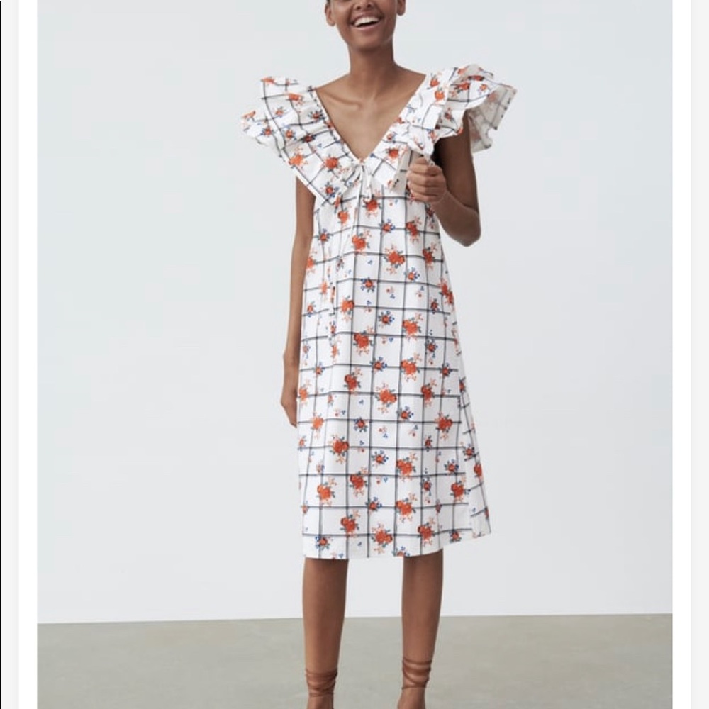 Zara White Black Floral Lattice Ruffle Sleeve Dress - NEW - S 4770451064 - Picture 2 of 8